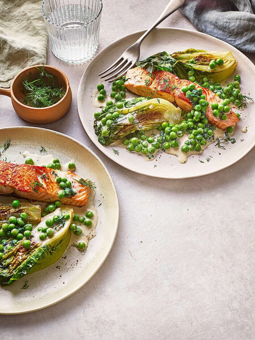 Roasted salmon with braised green vegetables