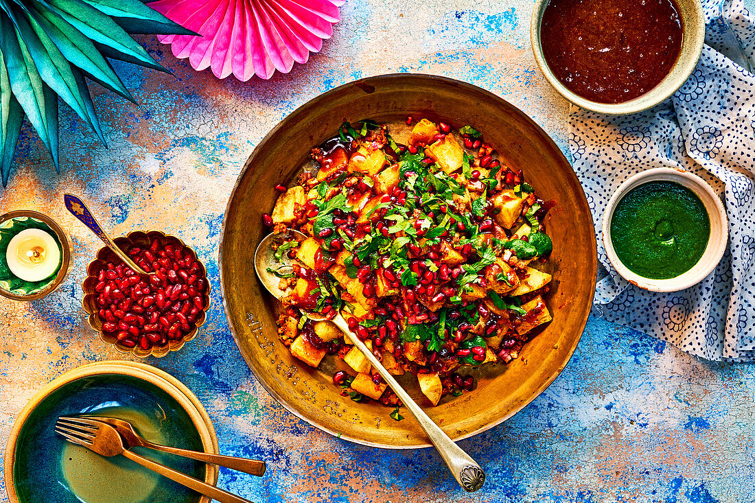 Aloo Chaat - Indian fried potatoes with pomegranate