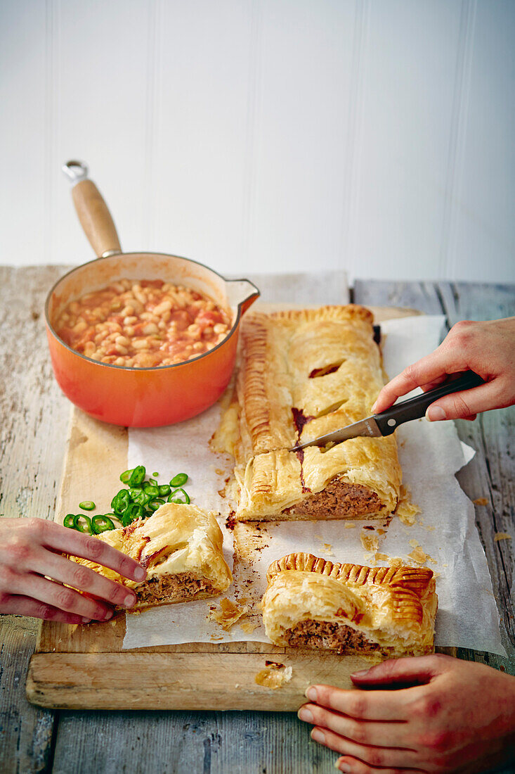 Sausage roll and salsa beans