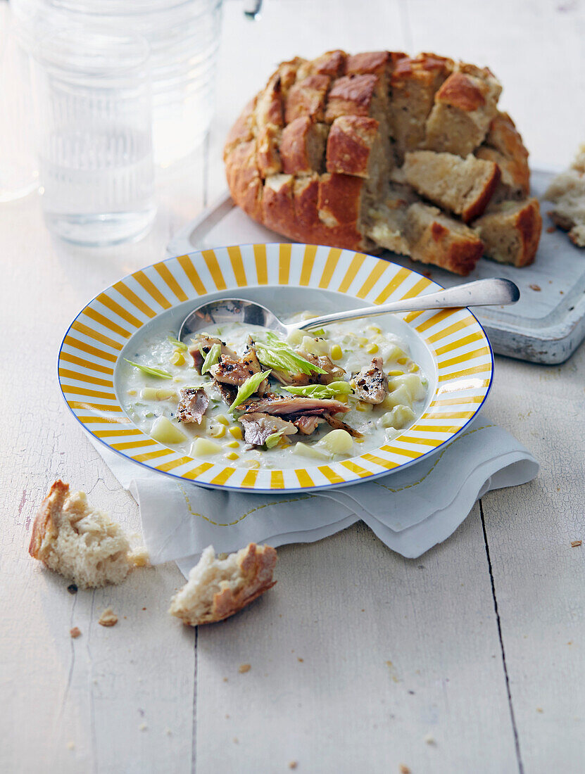 Smoked mackerel chowder with hedgehog garlic bread