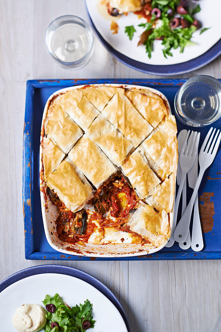 Aubergine and tomato baklava with feta cheese