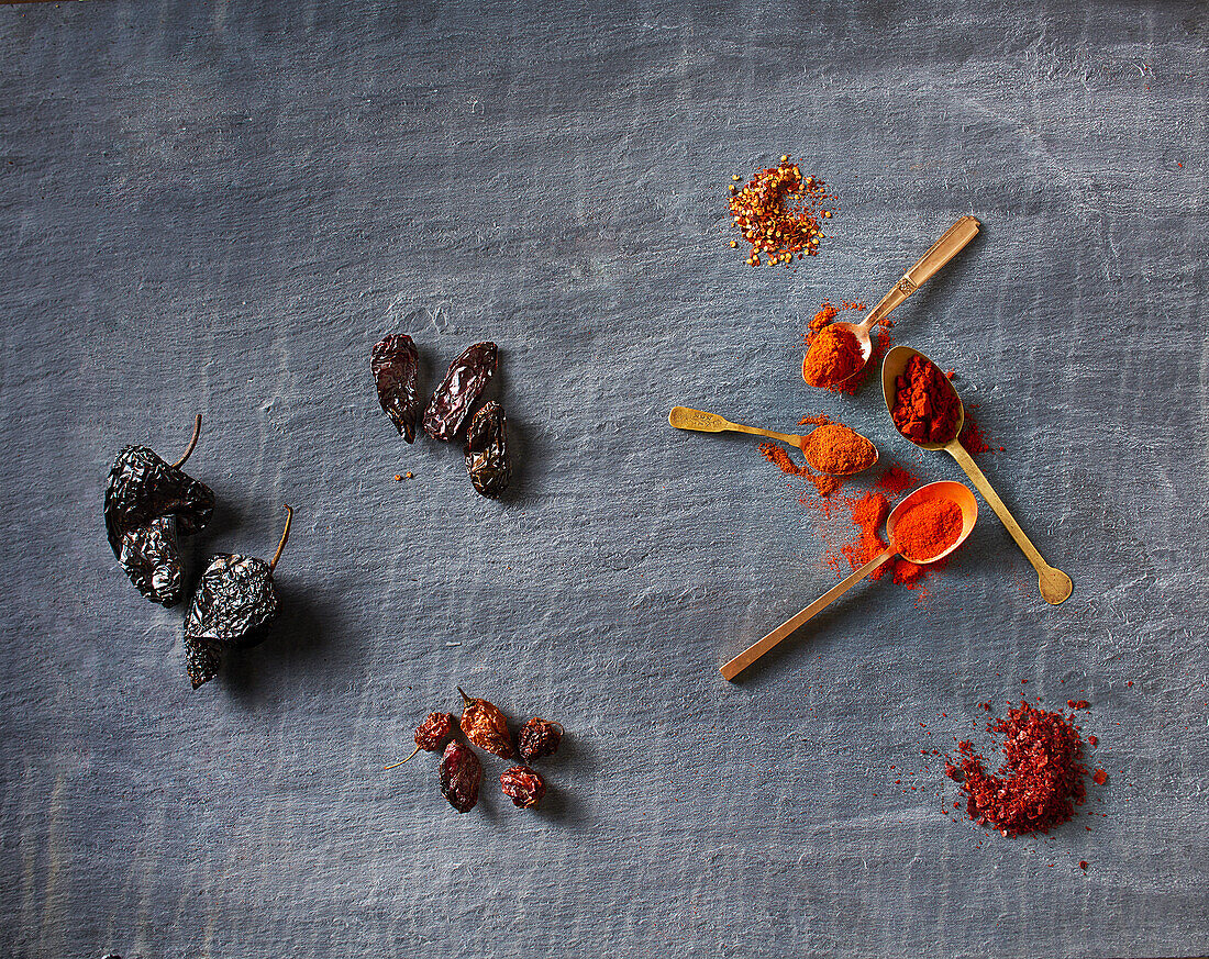 Selection of dried and powdered chillis