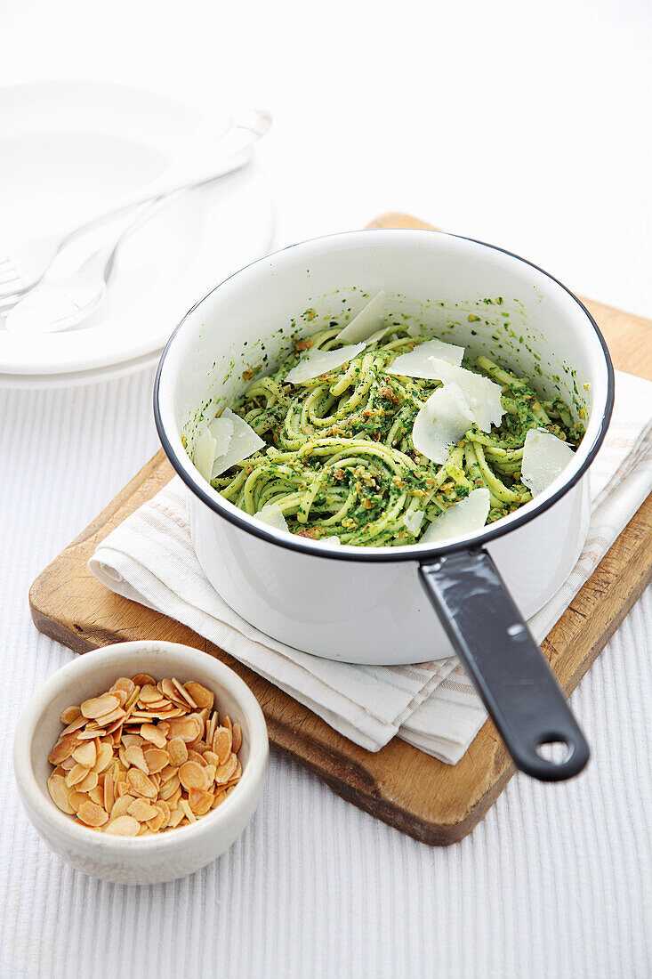 Spaghetti with watercress and almond pesto