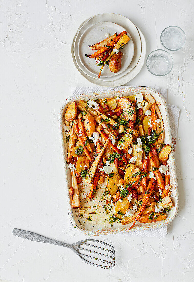 Roasted root vegetable tray bake