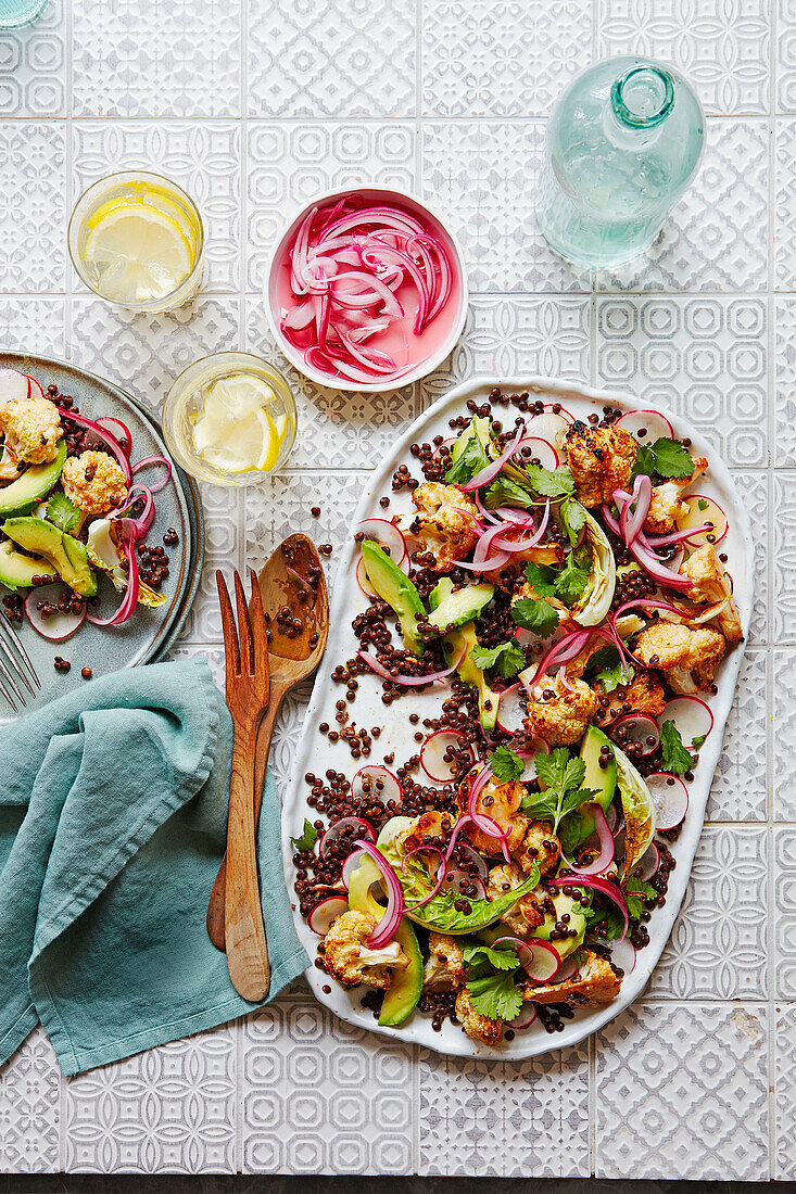 Lentil salad with miso-roasted cauliflower and avocado