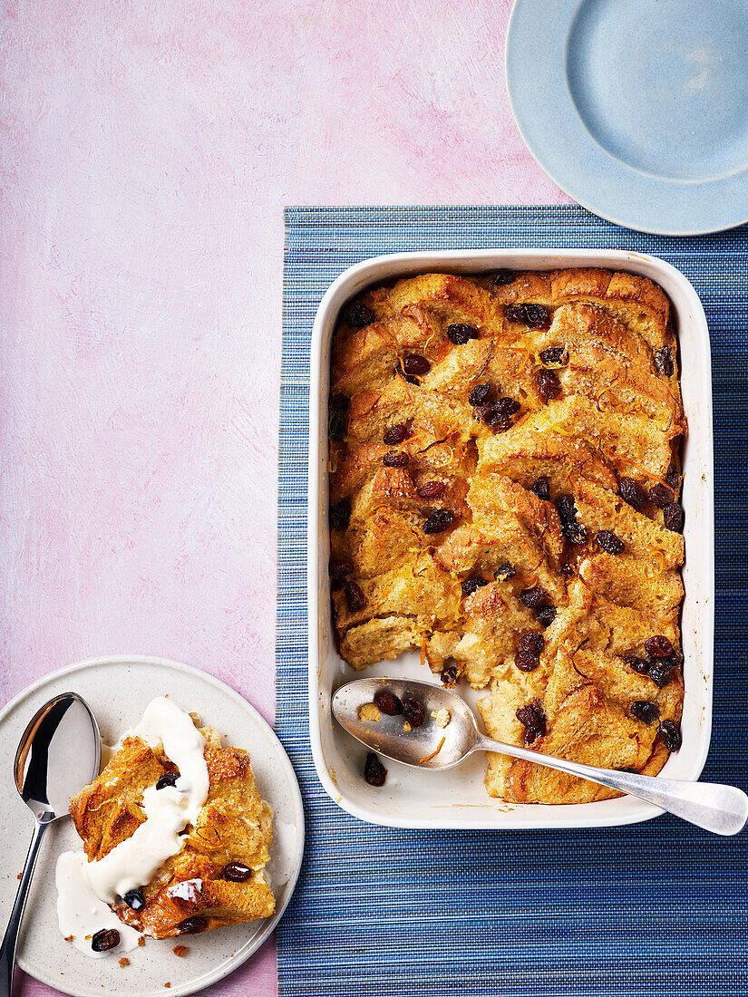 Bread and butter pudding with rum raisins