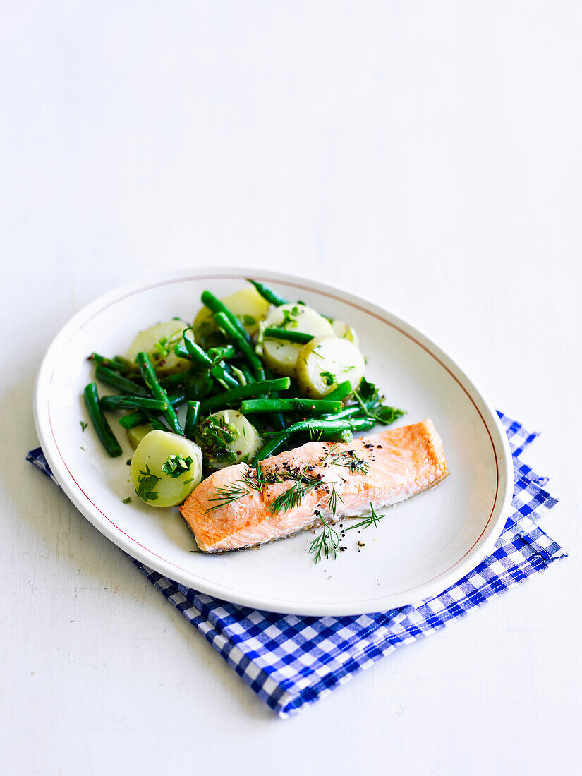 Salmon with potato and bean salad