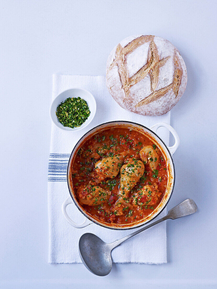 Chicken and lentil stew with gremolata and bread
