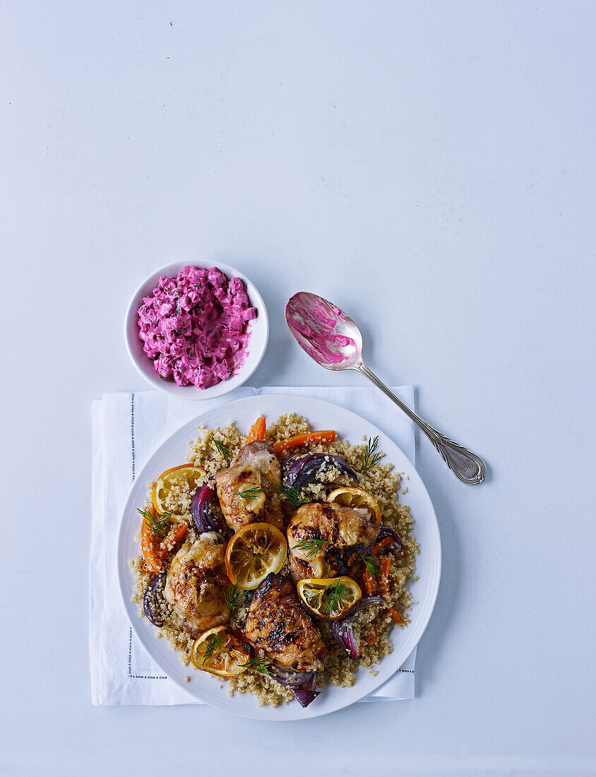 Chicken quinoa salad with beetroot yoghurt