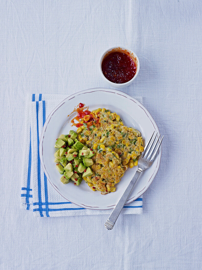 Sweetcorn-and-bean fritters with avocado and chilli jam