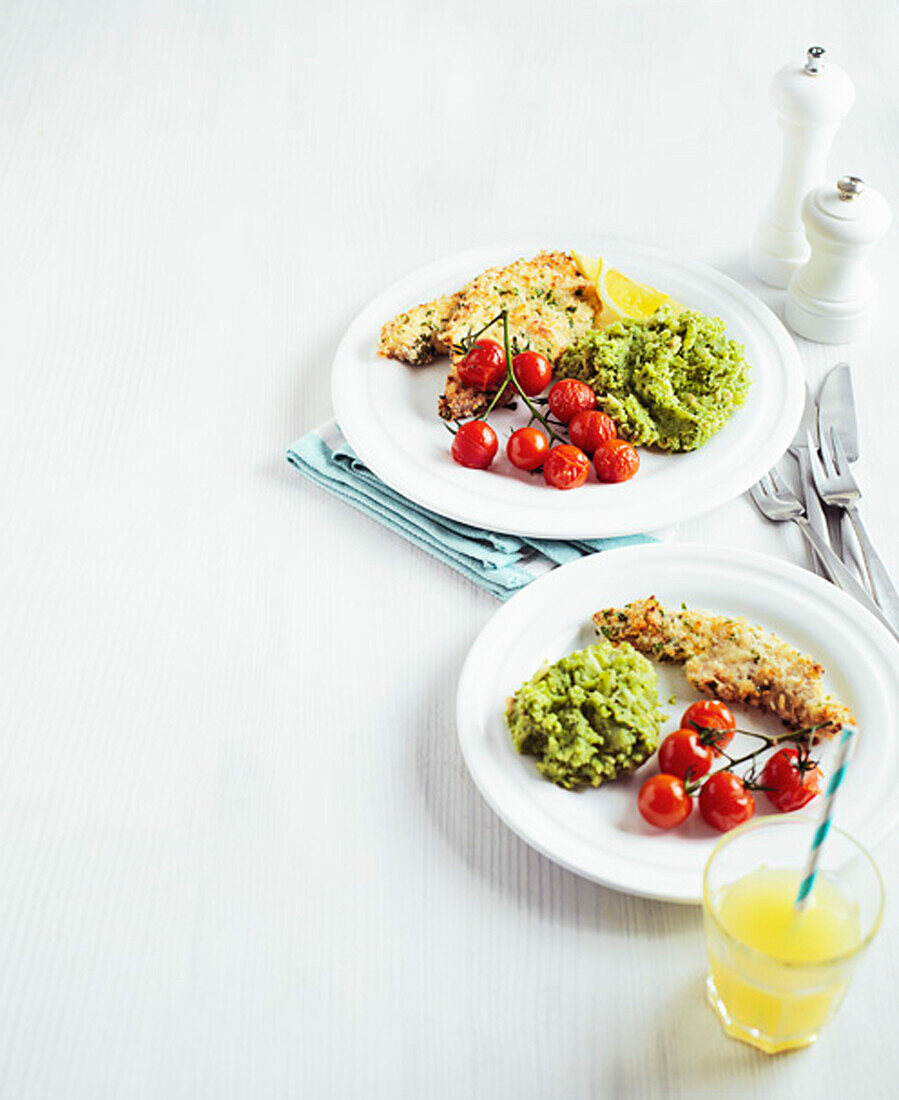 Breaded lemon turkey with broccoli and bean smash