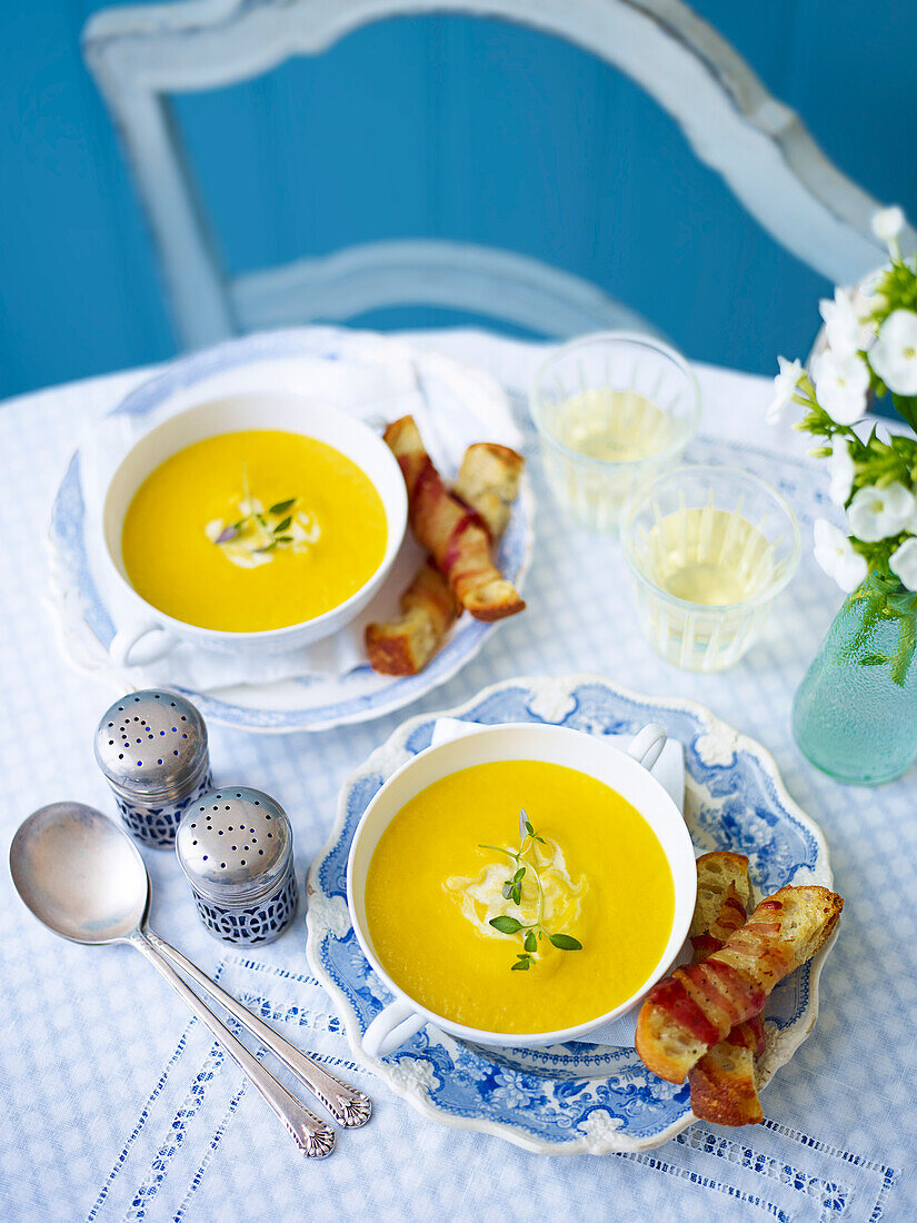 Roasted carrot soup with pancetta croutons