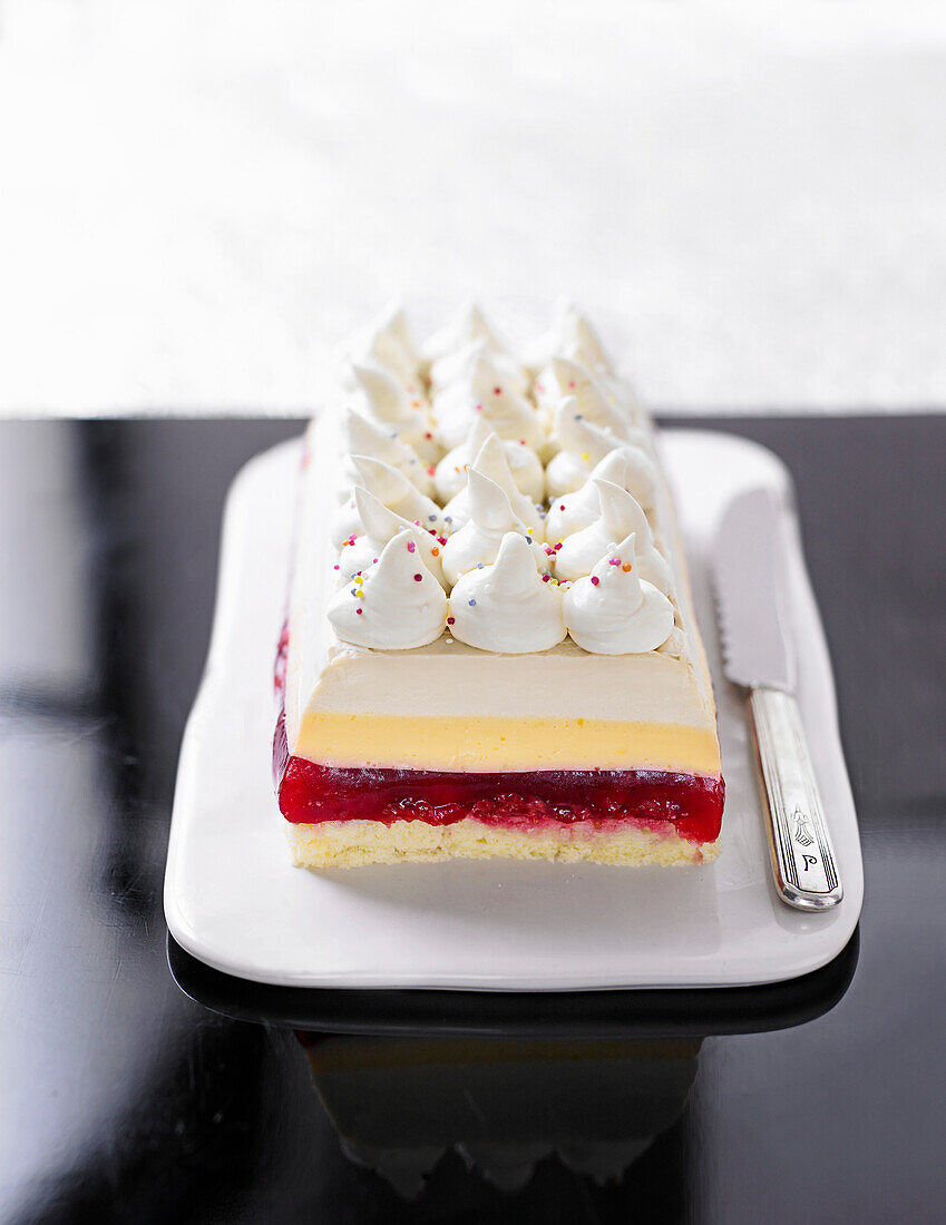 Glam trifle slice - sweet terrine with raspberry jelly, custard and mascarpone cream