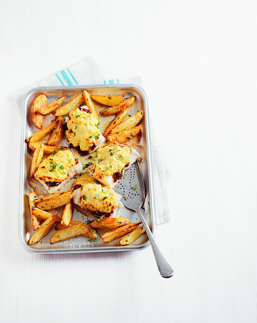 Pollack with cheese and potato wedges from the oven