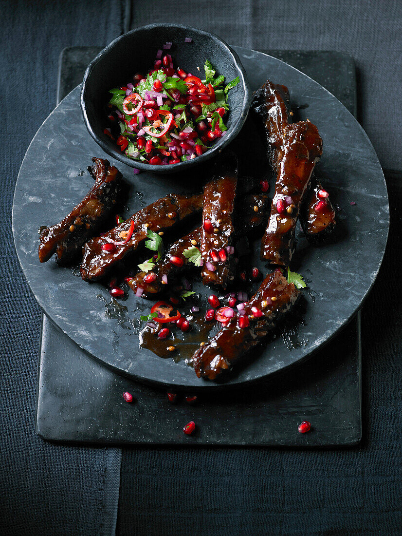 Sweet and sour ribs with pomegranate salsa
