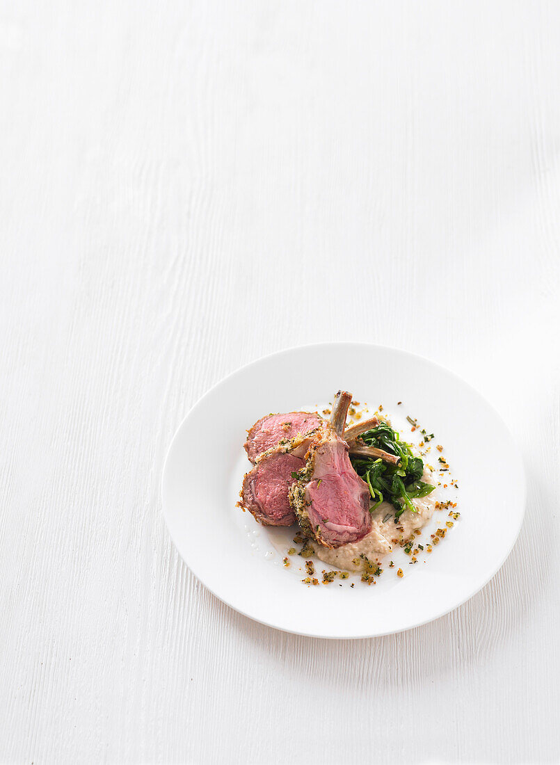 Rack of lamb with herb crust and white bean puree