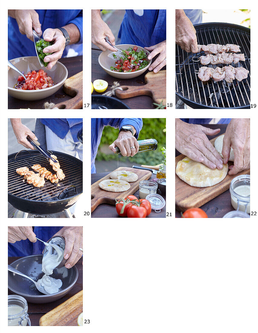 Preparing turkey kebab with tomato and parsley salsa