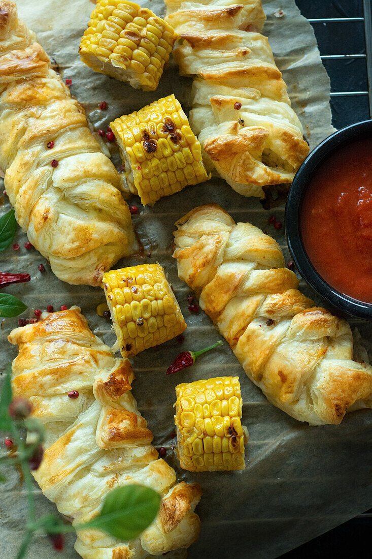Chicken in puff pastry and grilled corn on the cob