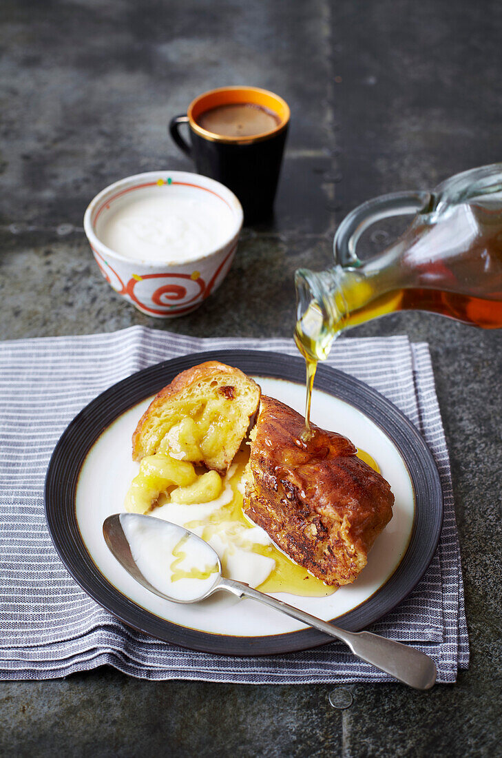 French toast filled with banana and maple syrup