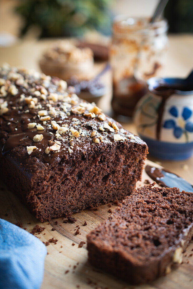 Chocolate loaf cake, cut