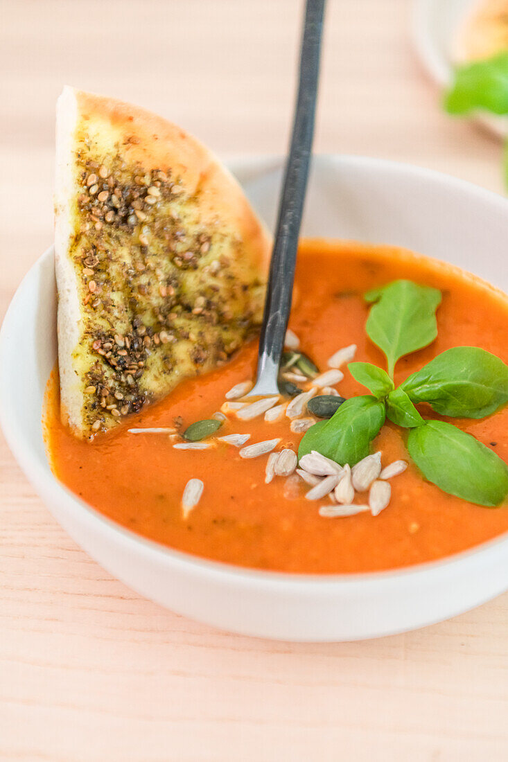 Tomato Basil Soup with Za atar Flatbread