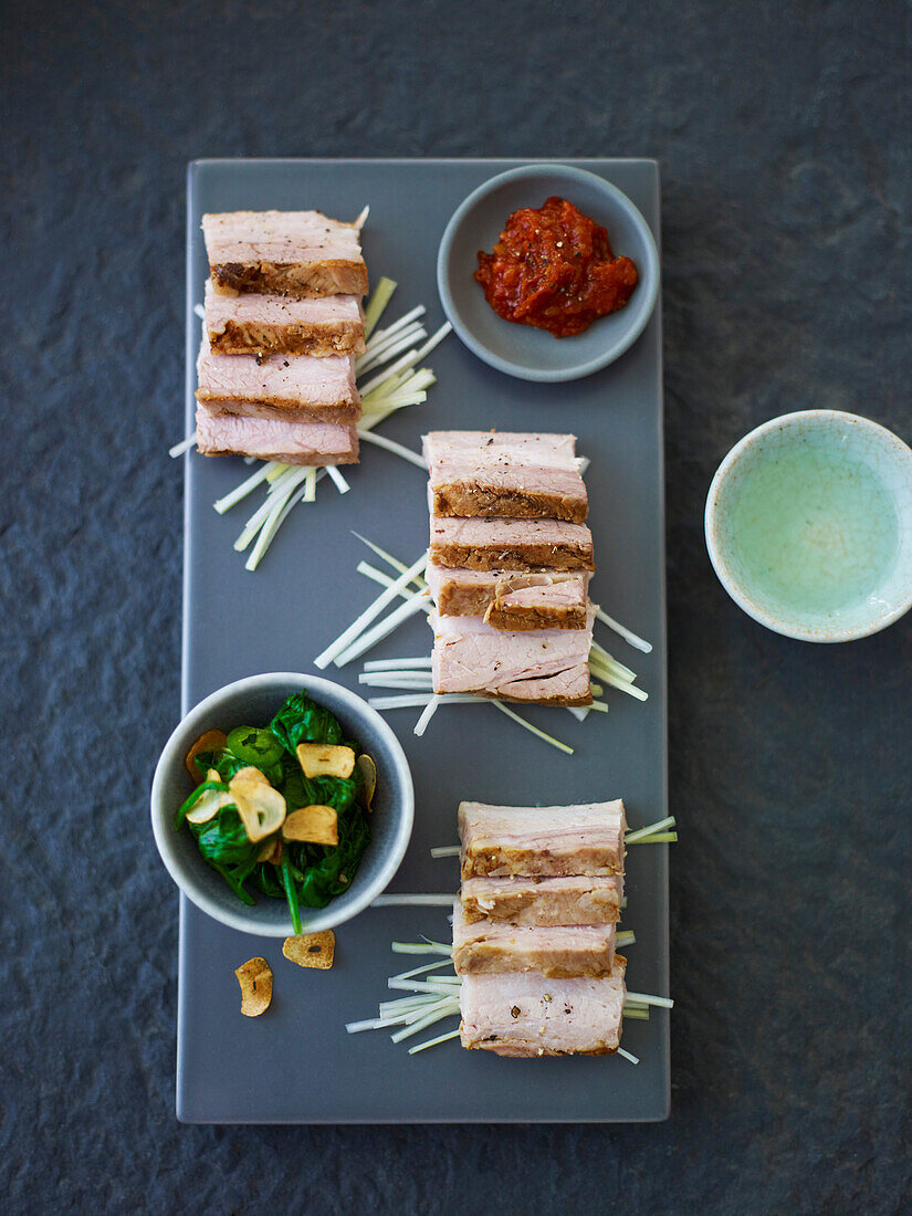 Bibigo’s bo-saam - Korean pork belly with garlic spinach