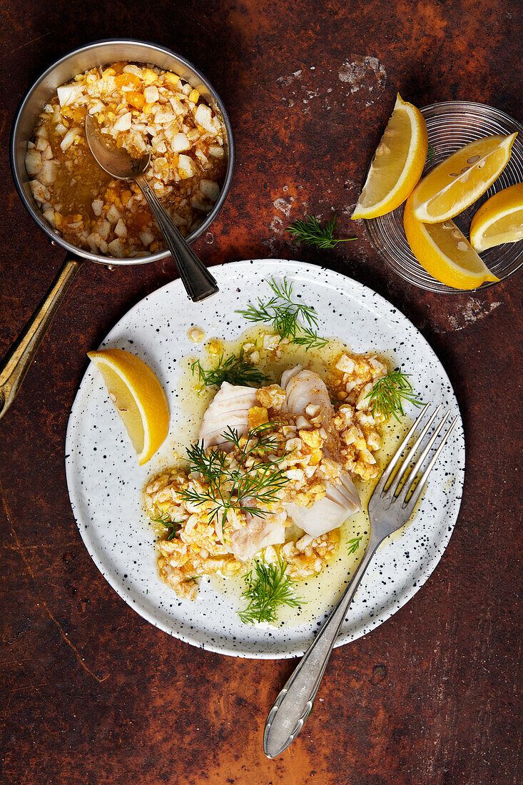 Fish with browned butter, egg, lemon and dill