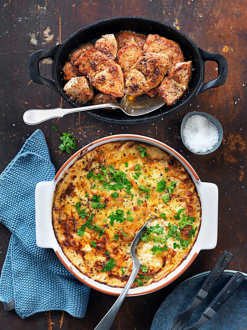 Roast turkey cutlets with cabbage gratin