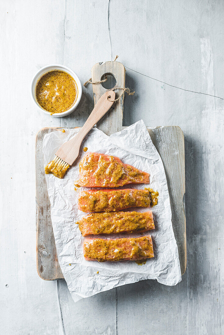 Salmon brushed with a mustard marinade