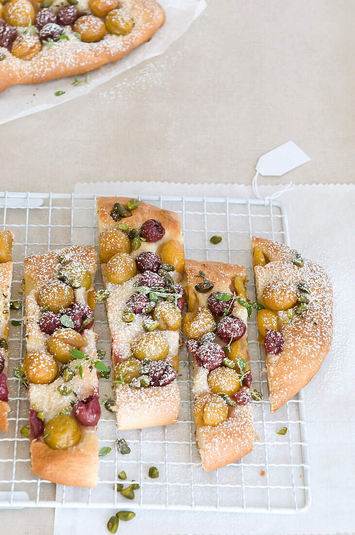Sweet olive focaccia with powdered sugar