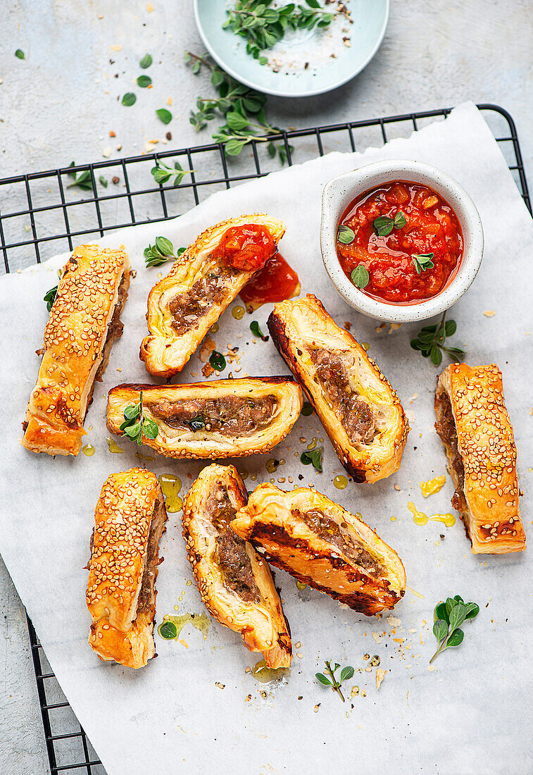 Minced meat puff pastry rolls with tomato dip