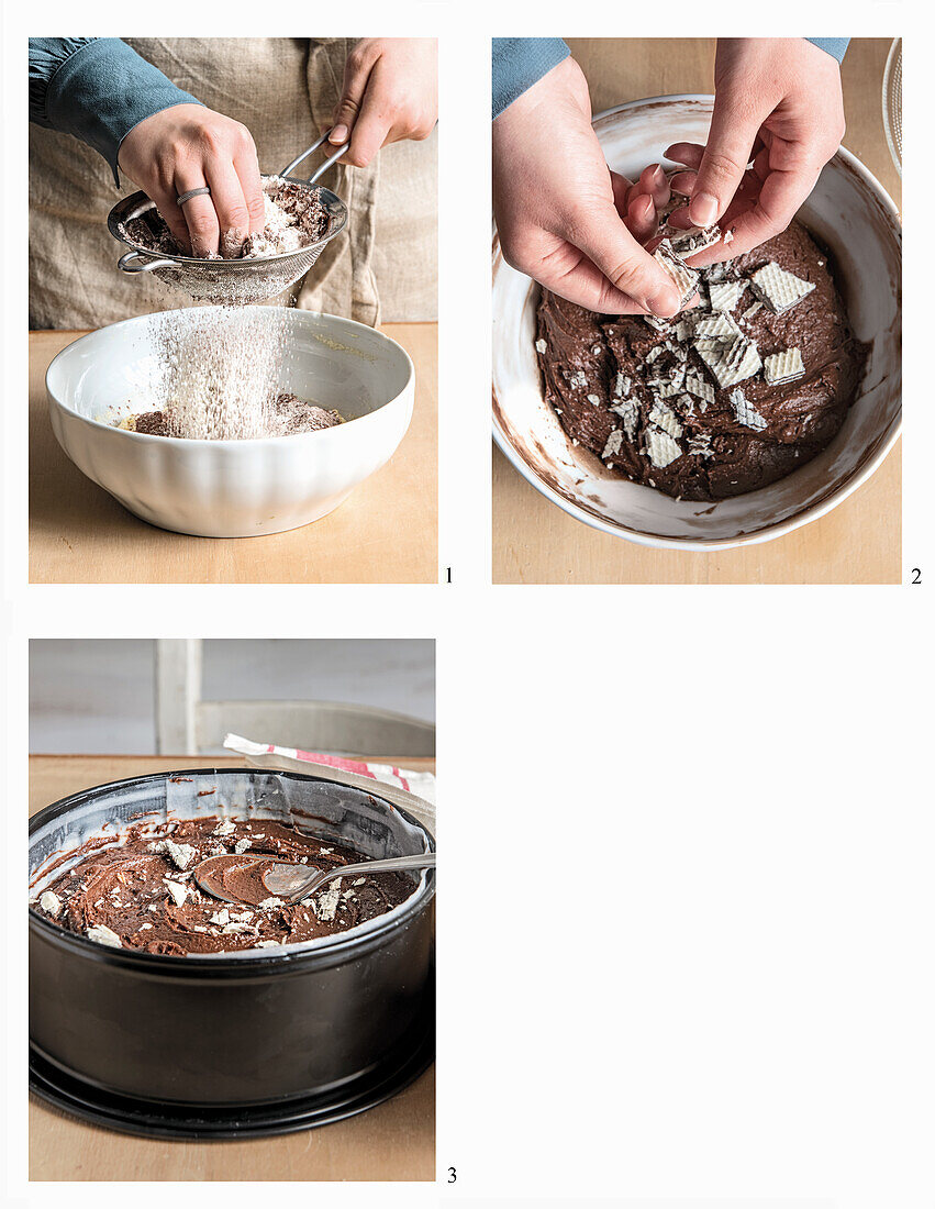 Schokoladenkuchen mit Waffelstückchen zubereiten