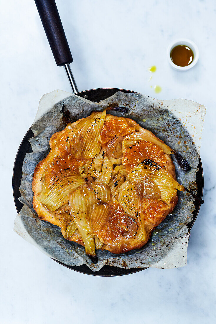 Caramelized fennel orange shallot tart