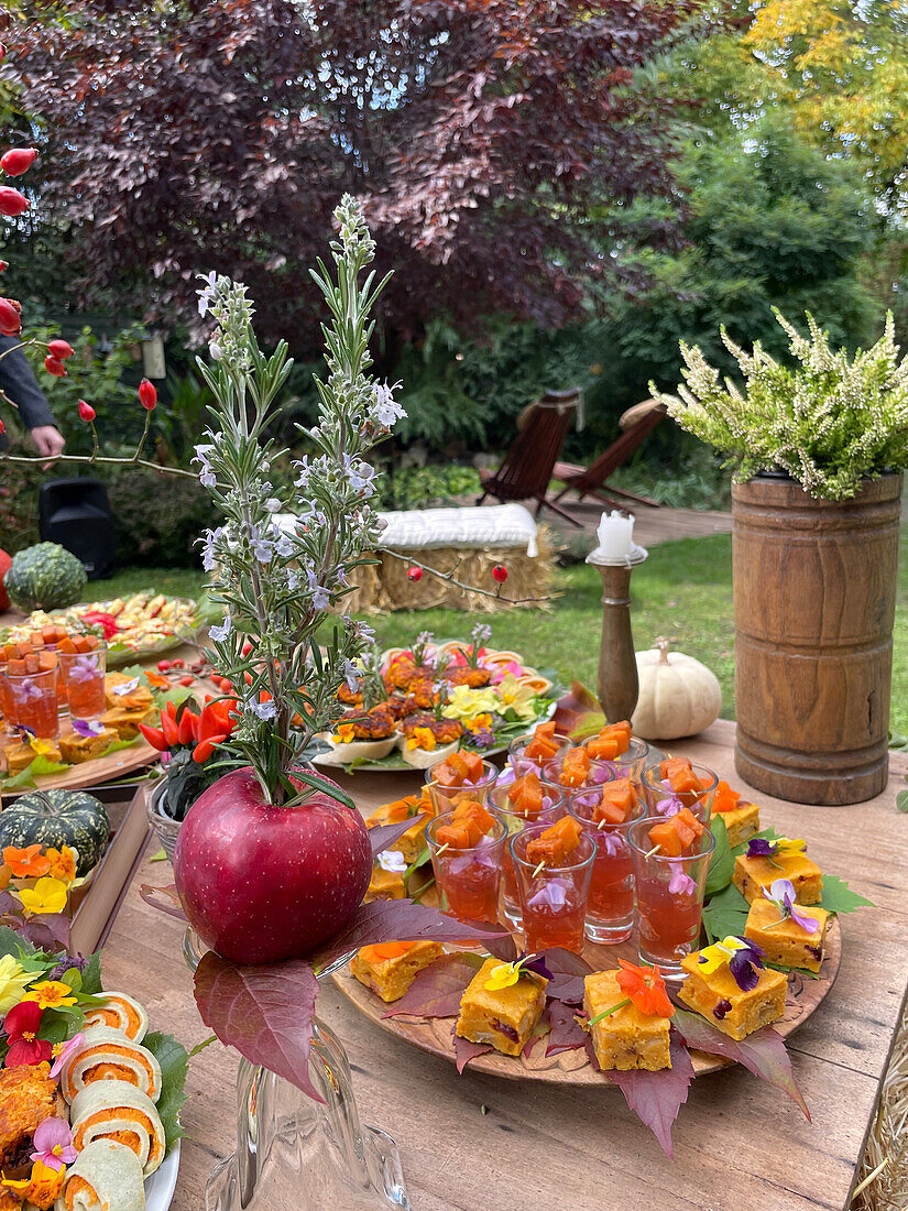 A autumnal table laid with with tea jelly and pumpkin pie