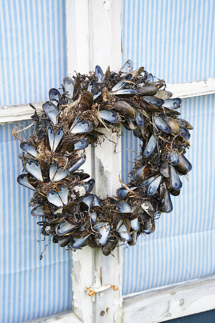 Kranz aus Muschelschalen an Fenster