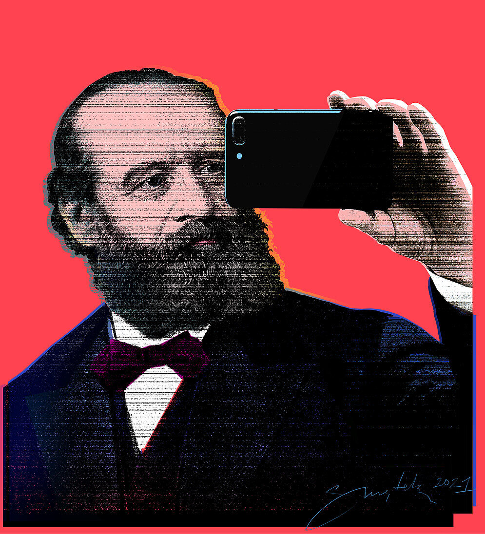 Alfred Escher taking a picture with a phone, illustration