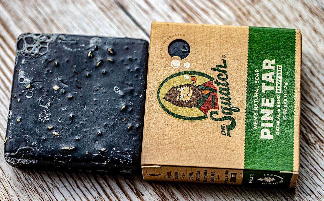 Pine tar soap block and packaging