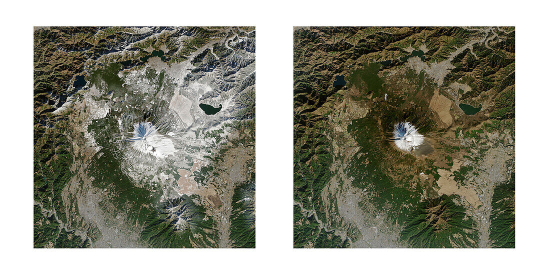 Comparison of snow cover on Mount Fuji, Japan
