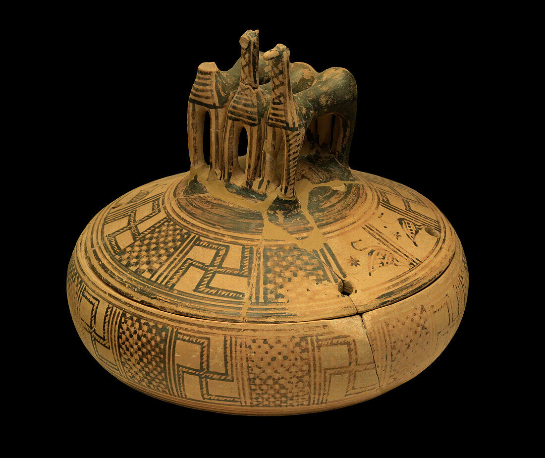Mycenaean Pyxis with horses on the lid.