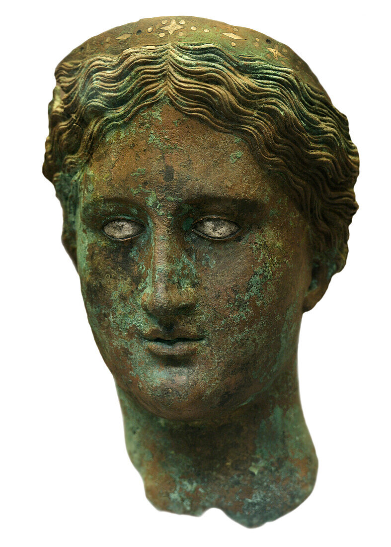 Bronze head of Greek woman or goddess.