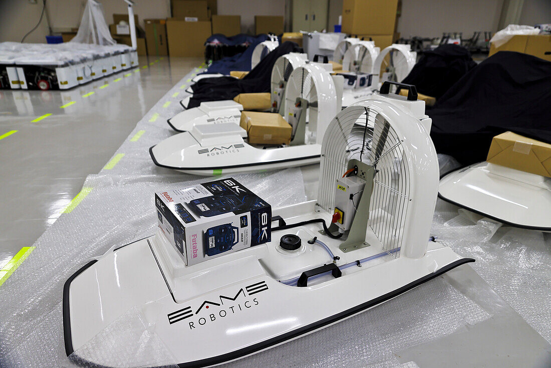 Parcel delivery drones in a drone factory, Japan