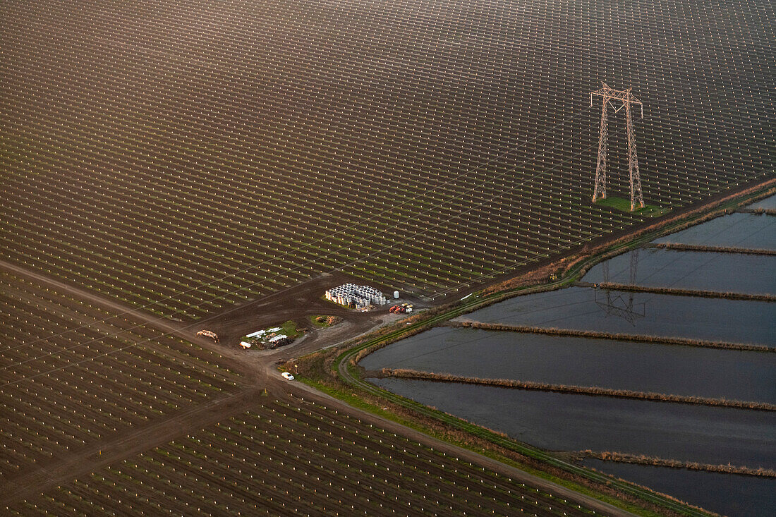 Industrial agriculture and flooded fields, aerial photograph