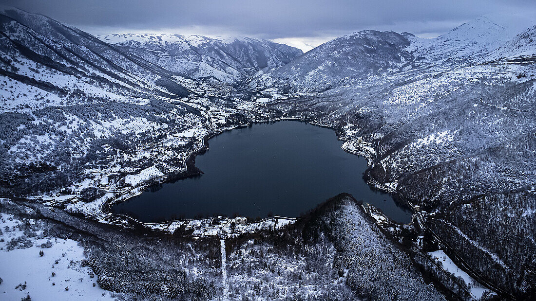 Heart-shaped view of Scanno Lake, Italy, aerial photograph