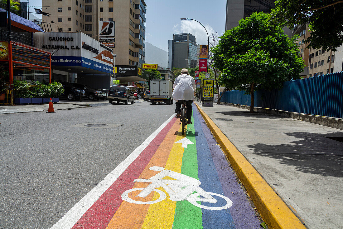 Rainbow flag bike lane, Caracas, Venezuela