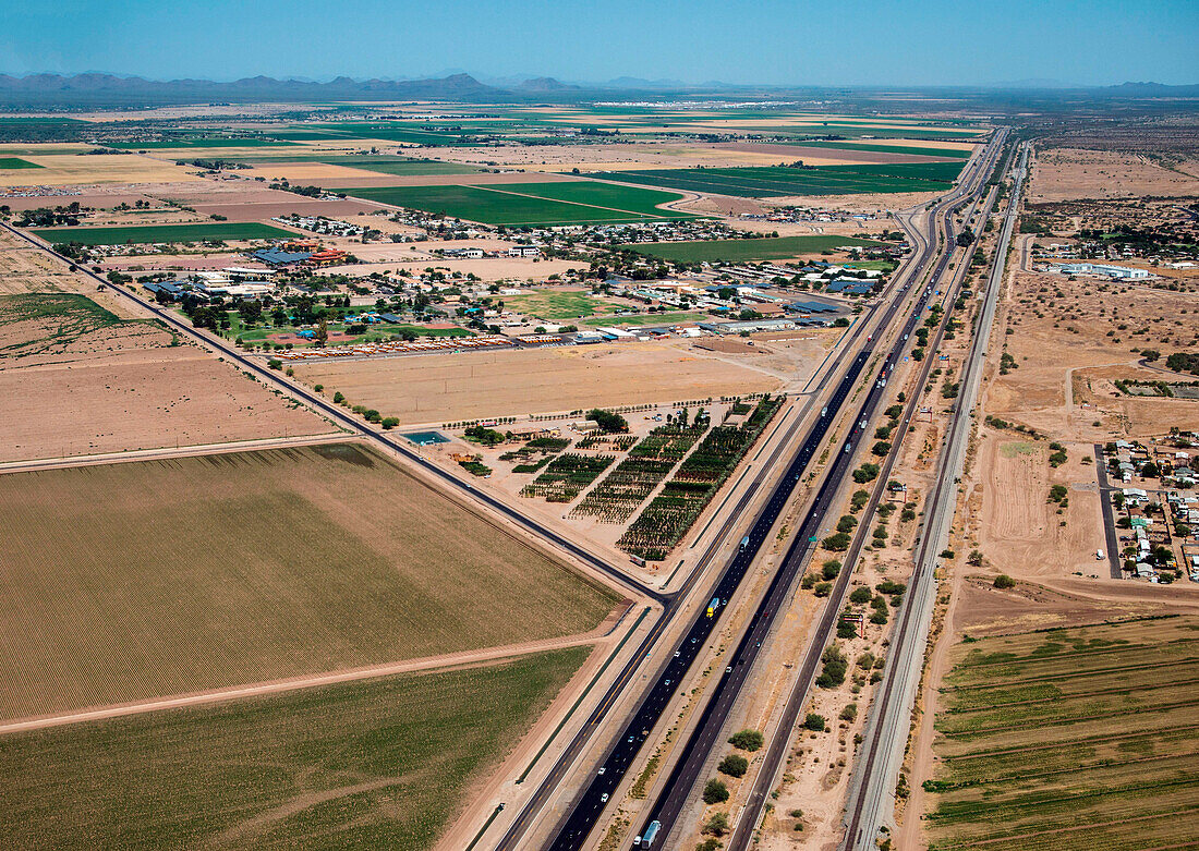Highway cutting through Sonoran Desert, aerial photograph