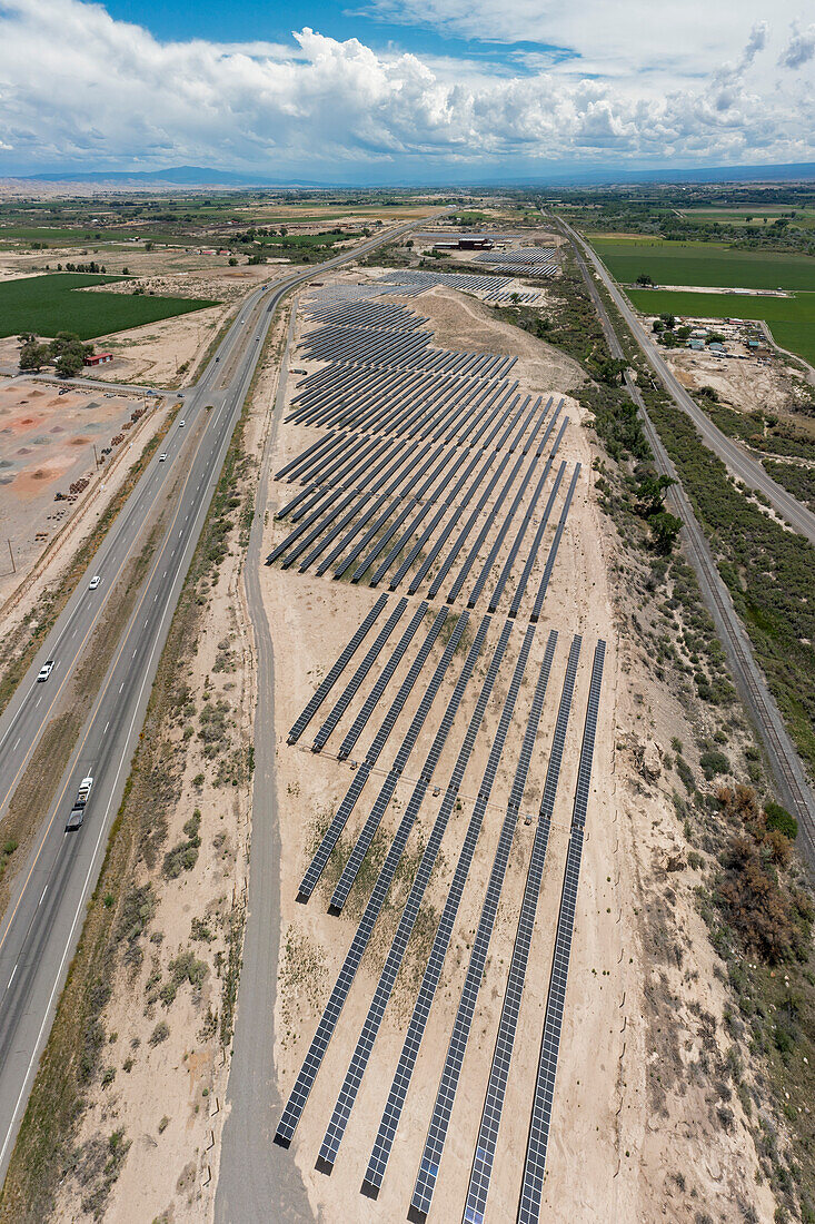 Solar farm powering Bitcoin mining, aerial photograph