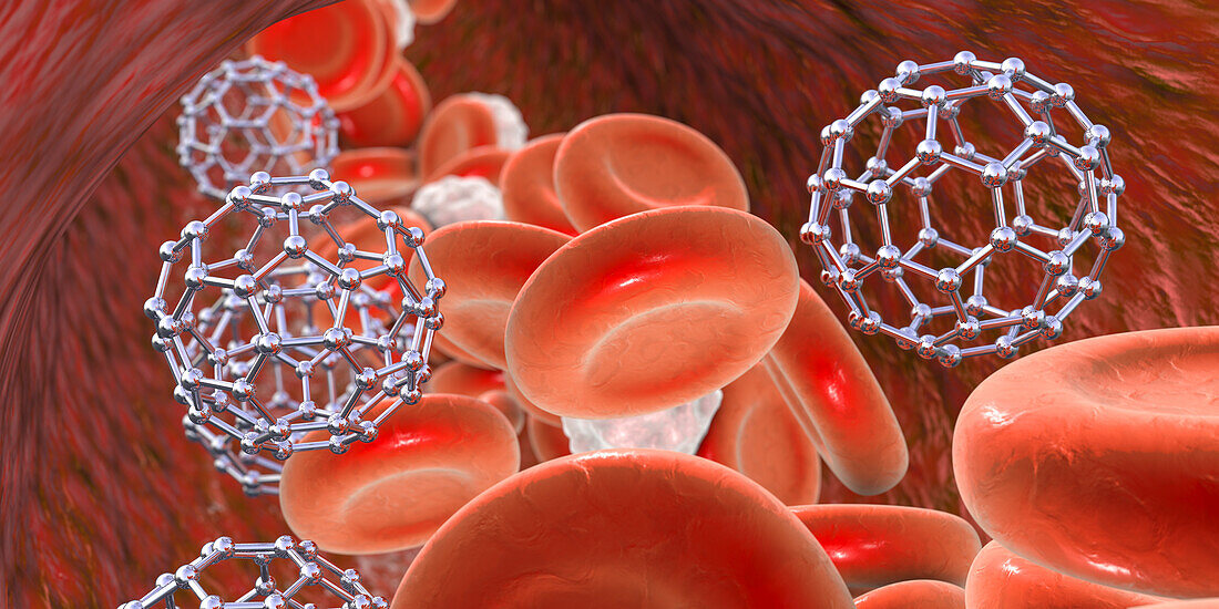 Fullerene nanoparticles in blood, illustration