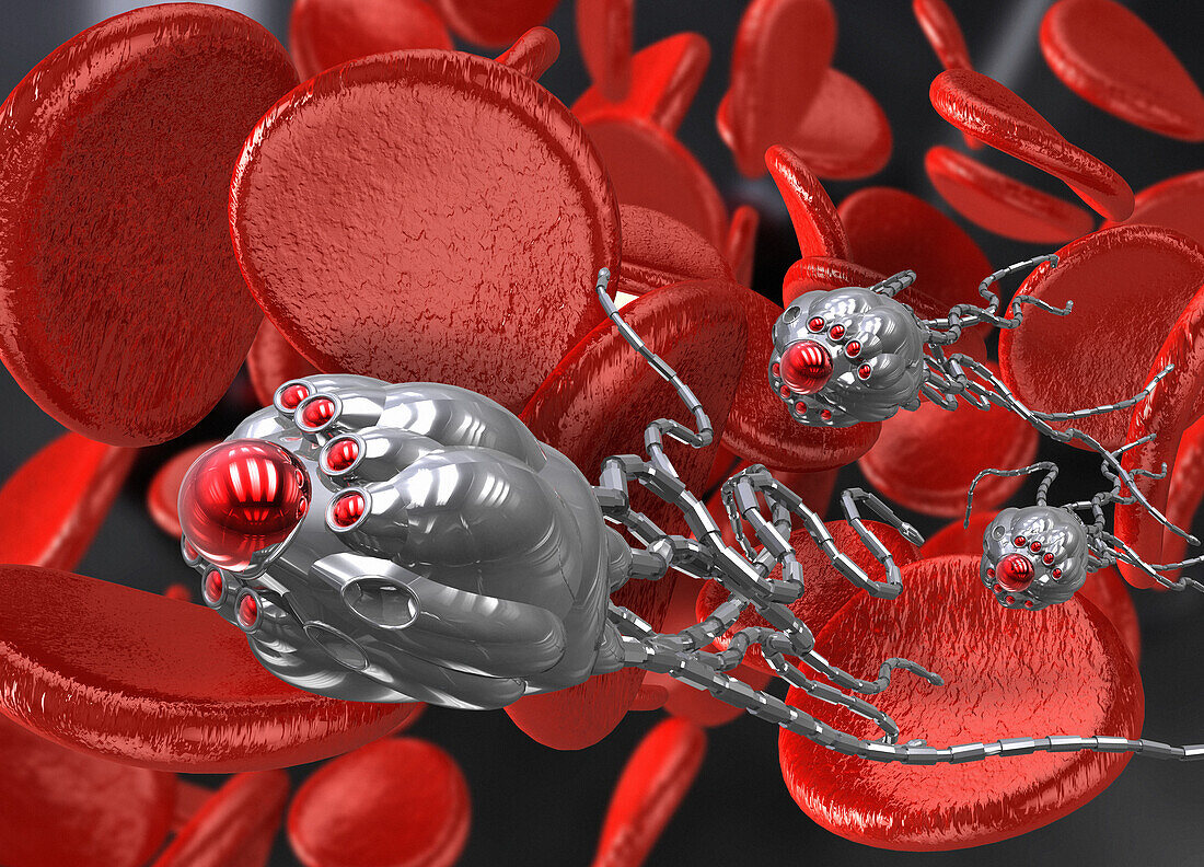 Nanobots in the blood stream, illustration