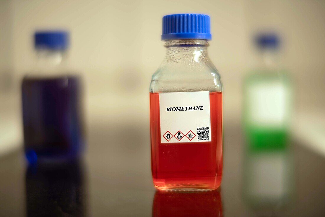 Glass bottle of biomethane biofuel