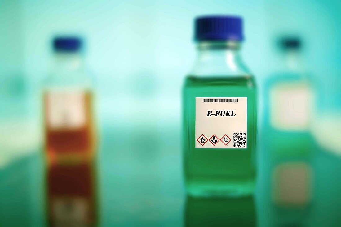 Glass bottle of e-fuel biofuel